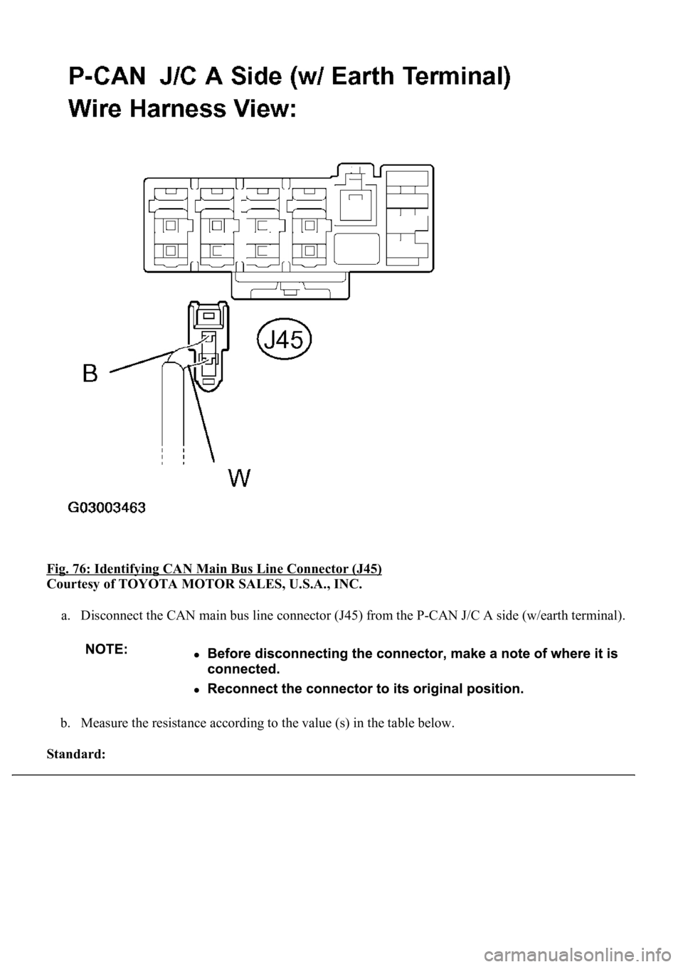 LEXUS LS430 2003  Factory Repair Manual Fig. 76: Identifying CAN Main Bus Line Connector (J45) 
Courtesy of TOYOTA MOTOR SALES, U.S.A., INC. 
a. Disconnect the CAN main bus line connector (J45) from the P-CAN J/C A side (w/earth terminal). 