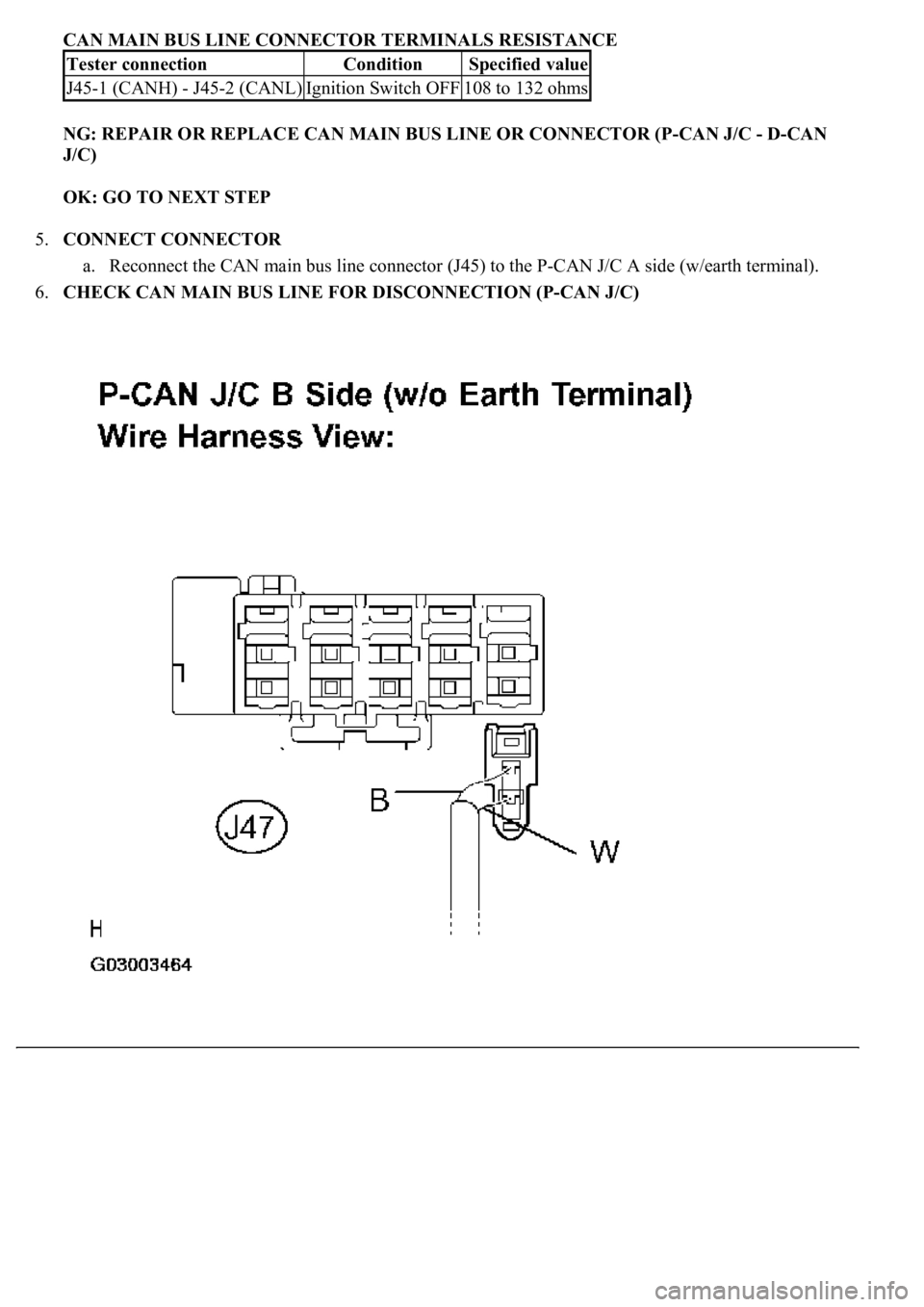 LEXUS LS430 2003  Factory Repair Manual CAN MAIN BUS LINE CONNECTOR TERMINALS RESISTANCE
NG: REPAIR OR REPLACE CAN MAIN BUS LINE OR CONNECTOR (P-CAN J/C - D-CAN 
J/C)  
OK: GO TO NEXT STEP  
5.CONNECT CONNECTOR 
a. Reconnect the CAN main bu