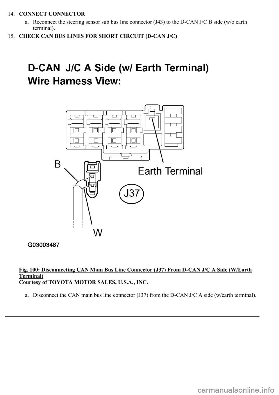 LEXUS LS430 2003  Factory Repair Manual 14.CONNECT CONNECTOR 
a. Reconnect the steering sensor sub bus line connector (J43) to the D-CAN J/C B side (w/o earth 
terminal).  
15.CHECK CAN BUS LINES FOR SHORT CIRCUIT (D-CAN J/C) 
Fig. 100: Dis