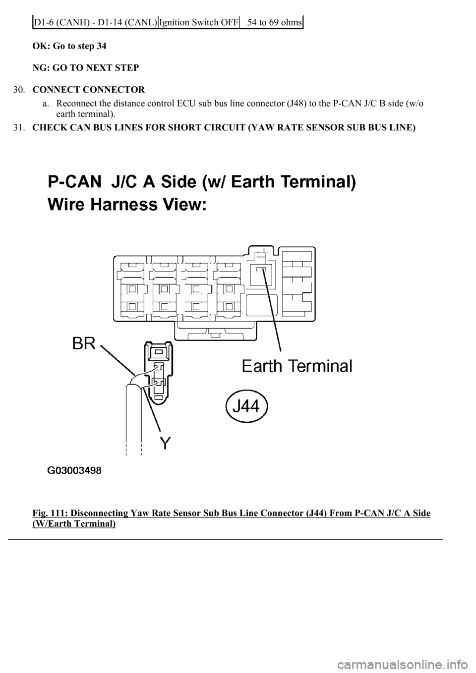 LEXUS LS430 2003  Factory Repair Manual OK: Go to step 34  
NG: GO TO NEXT STEP  
30.CONNECT CONNECTOR 
a. Reconnect the distance control ECU sub bus line connector (J48) to the P-CAN J/C B side (w/o 
earth terminal).  
31.CHECK CAN BUS LIN