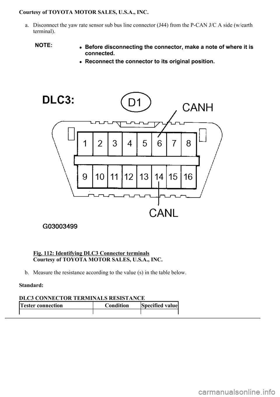 LEXUS LS430 2003  Factory Repair Manual Courtesy of TOYOTA MOTOR SALES, U.S.A., INC.
a. Disconnect the yaw rate sensor sub bus line connector (J44) from the P-CAN J/C A side (w/earth 
terminal). 
Fig. 112: Identifying DLC3 Connector termina