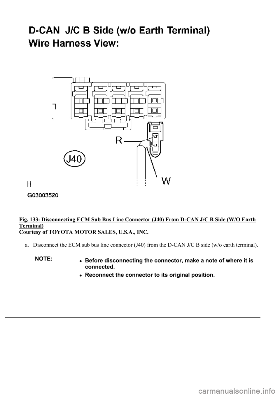 LEXUS LS430 2003  Factory Repair Manual Fig. 133: Disconnecting ECM Sub Bus Line Connector (J40) From D-CAN J/C B Side (W/O Earth 
Terminal) 
Courtesy of TOYOTA MOTOR SALES, U.S.A., INC. 
a. Disconnect the ECM sub bus line connector (J40) f
