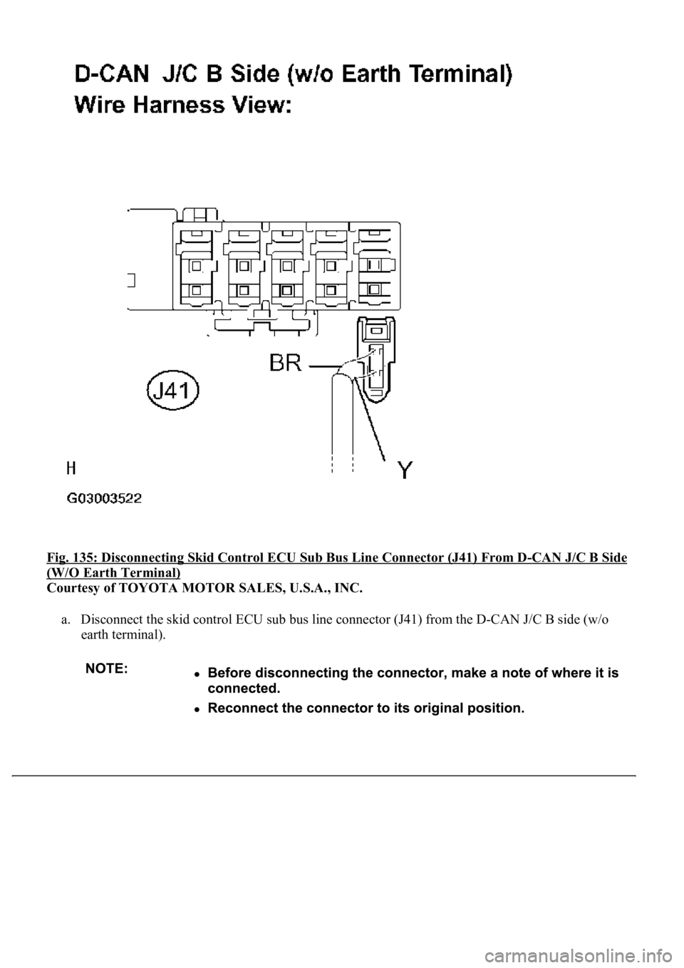 LEXUS LS430 2003  Factory Repair Manual Fig. 135: Disconnecting Skid Control ECU Sub Bus Line Connector (J41) From D-CAN J/C B Side 
(W/O Earth Terminal) 
Courtesy of TOYOTA MOTOR SALES, U.S.A., INC. 
a. Disconnect the skid control ECU sub 