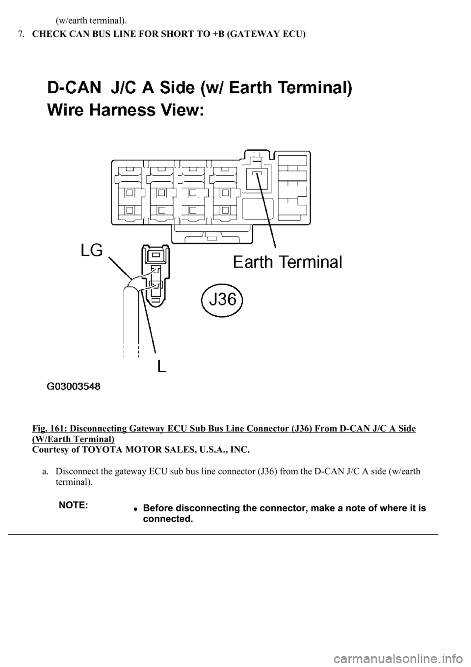 LEXUS LS430 2003  Factory Repair Manual (w/earth terminal).  
7.CHECK CAN BUS LINE FOR SHORT TO +B (GATEWAY ECU) 
Fig. 161: Disconnecting Gateway ECU Sub Bus Line Connector (J36) From D
-CAN J/C A Side 
(W/Earth Terminal) 
Courtesy of TOYOT