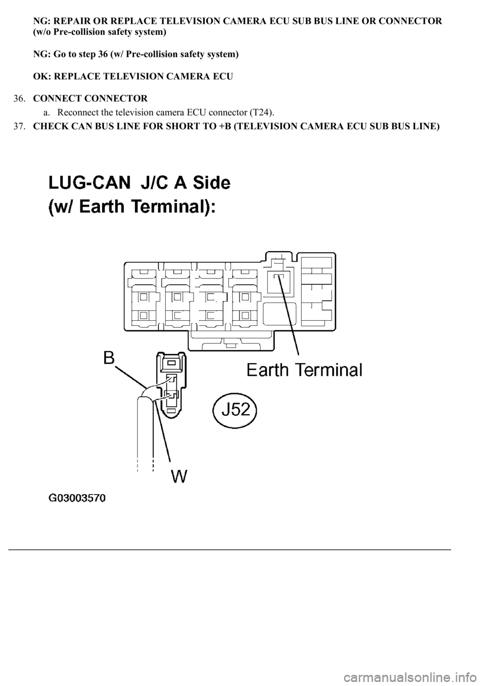 LEXUS LS430 2003  Factory Repair Manual NG: REPAIR OR REPLACE TELEVISION CAMERA ECU SUB BUS LINE OR CONNECTOR 
(w/o Pre-collision safety system)  
NG: Go to step 36 (w/ Pre-collision safety system)  
OK: REPLACE TELEVISION CAMERA ECU  
36.C