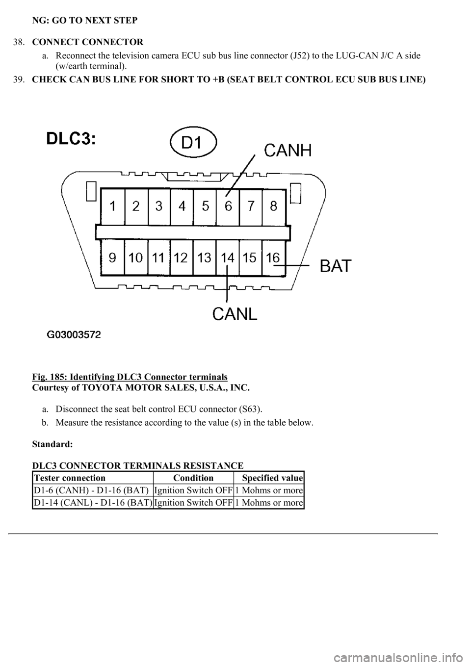 LEXUS LS430 2003  Factory Repair Manual NG: GO TO NEXT STEP  
38.CONNECT CONNECTOR 
a. Reconnect the television camera ECU sub bus line connector (J52) to the LUG-CAN J/C A side 
(w/earth terminal).  
39.CHECK CAN BUS LINE FOR SHORT TO +B (