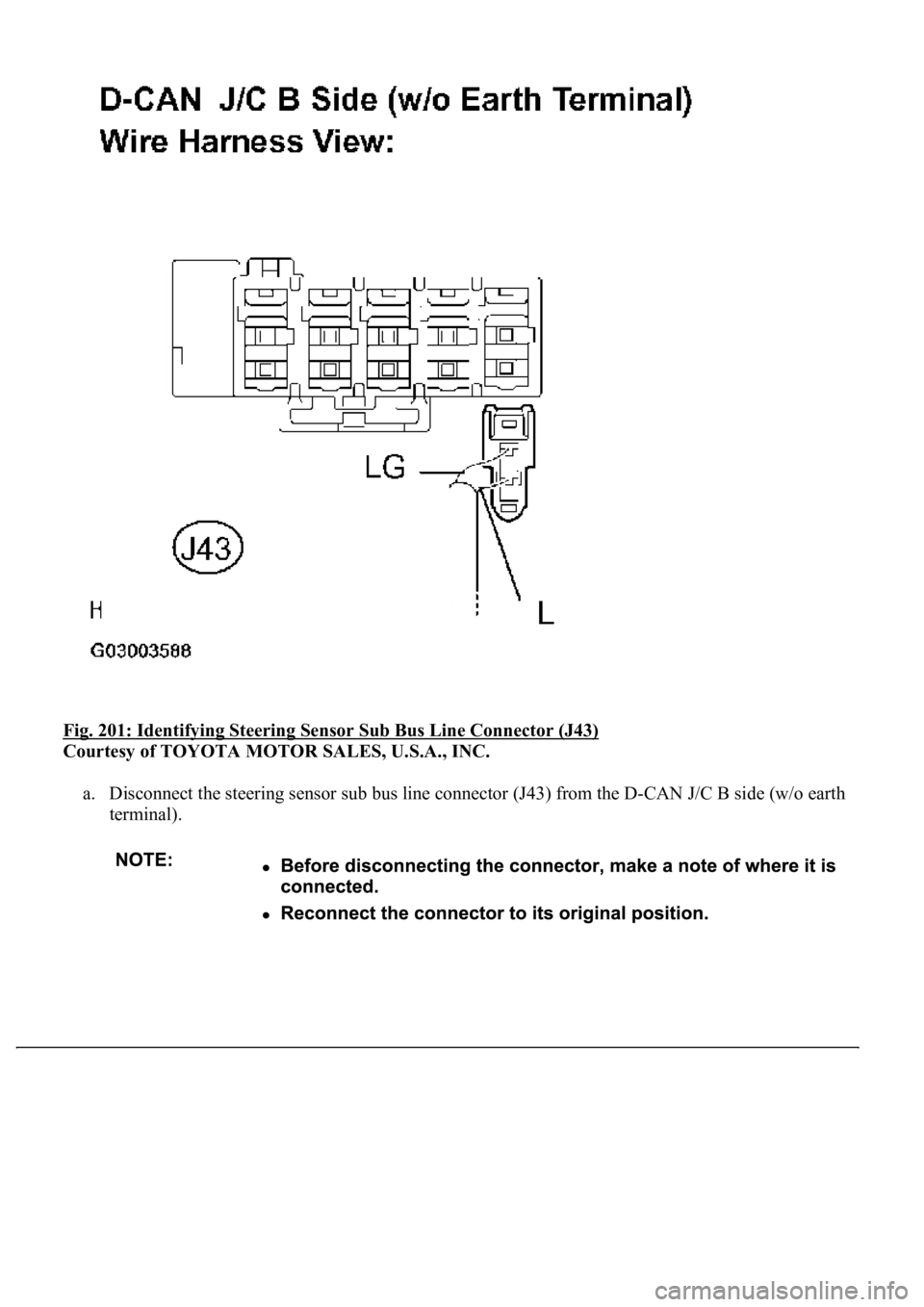 LEXUS LS430 2003  Factory Repair Manual Fig. 201: Identifying Steering Sensor Sub Bus Line Connector (J43) 
Courtesy of TOYOTA MOTOR SALES, U.S.A., INC. 
a. Disconnect the steering sensor sub bus line connector (J43) from the D-CAN J/C B si