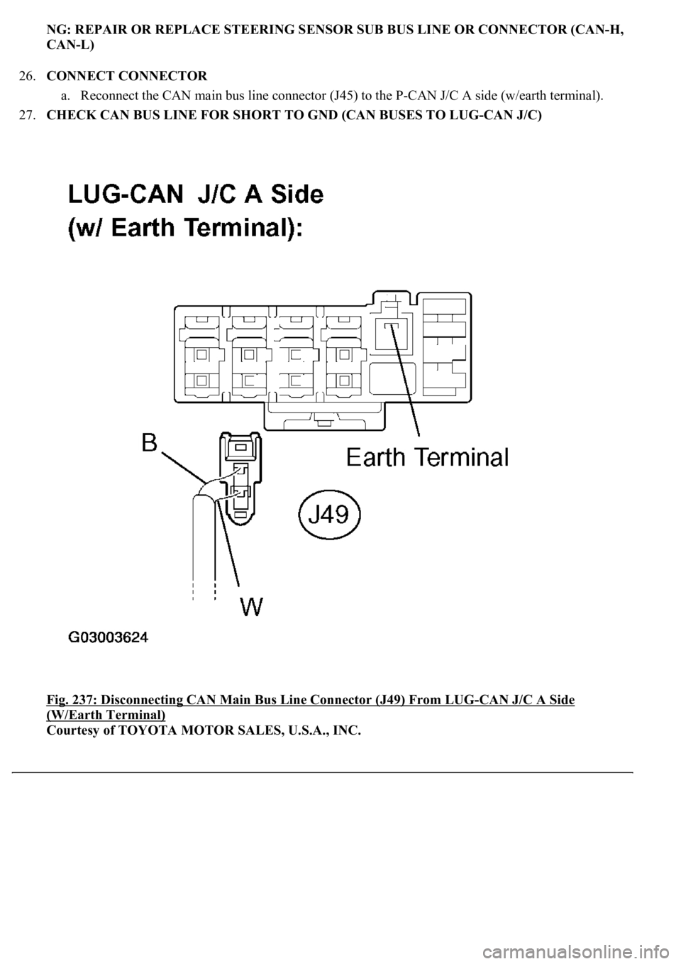 LEXUS LS430 2003  Factory Repair Manual NG: REPAIR OR REPLACE STEERING SENSOR SUB BUS LINE OR CONNECTOR (CAN-H, 
CAN-L)  
26.CONNECT CONNECTOR 
a. Reconnect the CAN main bus line connector (J45) to the P-CAN J/C A side (w/earth terminal).  