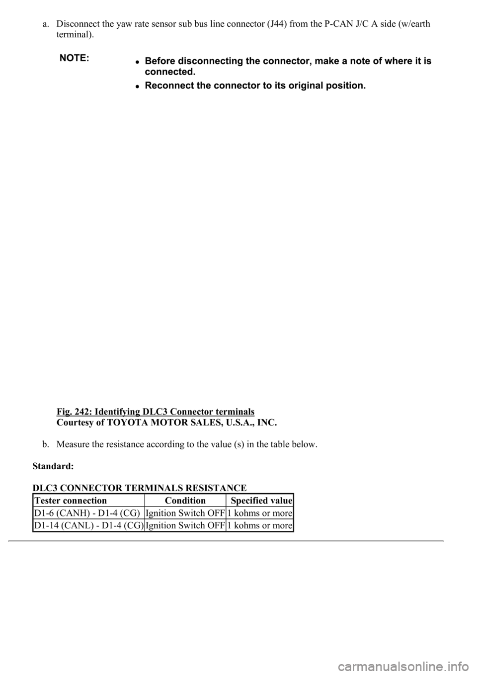 LEXUS LS430 2003  Factory Repair Manual a. Disconnect the yaw rate sensor sub bus line connector (J44) from the P-CAN J/C A side (w/earth 
terminal). 
Fig. 242: Identifying DLC3 Connector terminals
 
Courtesy of TOYOTA MOTOR SALES, U.S.A., 