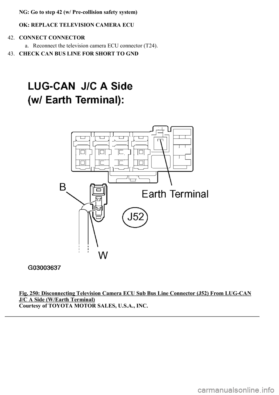 LEXUS LS430 2003  Factory Repair Manual NG: Go to step 42 (w/ Pre-collision safety system)
OK: REPLACE TELEVISION CAMERA ECU  
42.CONNECT CONNECTOR 
a. Reconnect the television camera ECU connector (T24).  
43.CHECK CAN BUS LINE FOR SHORT T