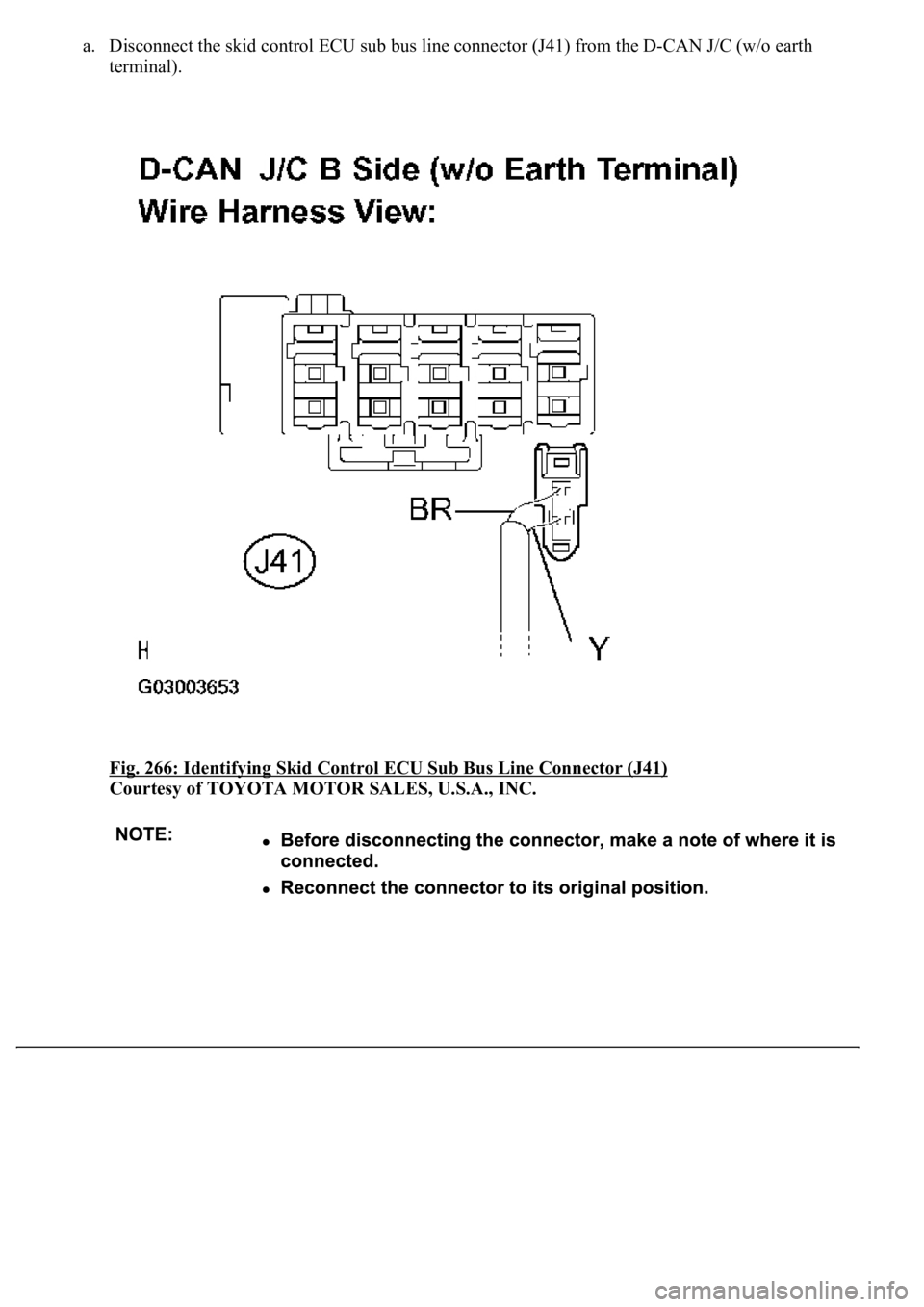 LEXUS LS430 2003  Factory Repair Manual a. Disconnect the skid control ECU sub bus line connector (J41) from the D-CAN J/C (w/o earth 
terminal). 
Fig. 266: Identifying Skid Control ECU Sub Bus Line Connector (J41)
 
Courtesy of TOYOTA MOTO
