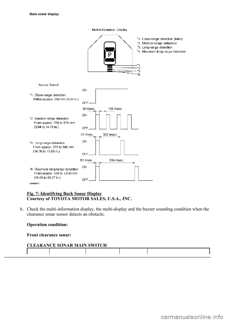 LEXUS LS430 2003  Factory Repair Manual Fig. 7: Identifying Back Sonar Display 
Courtesy of TOYOTA MOTOR SALES, U.S.A., INC. 
h. Check the multi-information display, the multi-display and the buzzer sounding condition when the 
clearance so