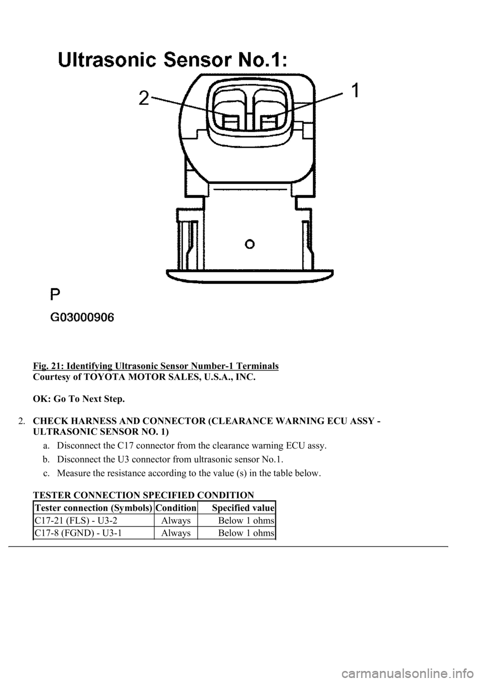 LEXUS LS430 2003 Factory Repair Manual Fig. 21: Identifying Ultrasonic Sensor Number-1 Terminals
Courtesy of TOYOTA MOTOR SALES, U.S.A., INC.
OK: Go To Next Step.
2.CHECK HARNESS AND CONNECTOR (CLEARANCE WARNING ECU ASSY -
ULTRASONIC LEXUS LS430 2003 Factory Repair Manual Fig. 21: Identifying Ultrasonic Sensor Number-1 Terminals
Courtesy of TOYOTA MOTOR SALES, U.S.A., INC.
OK: Go To Next Step.
2.CHECK HARNESS AND CONNECTOR (CLEARANCE WARNING ECU ASSY -
ULTRASONIC