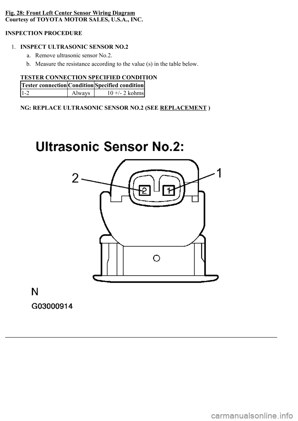 LEXUS LS430 2003  Factory Repair Manual Fig. 28: Front Left Center Sensor Wiring Diagram
Courtesy of TOYOTA MOTOR SALES, U.S.A., INC. 
INSPECTION PROCEDURE 
1.INSPECT ULTRASONIC SENSOR NO.2 
a. Remove ultrasonic sensor No.2.  
b. Measure th