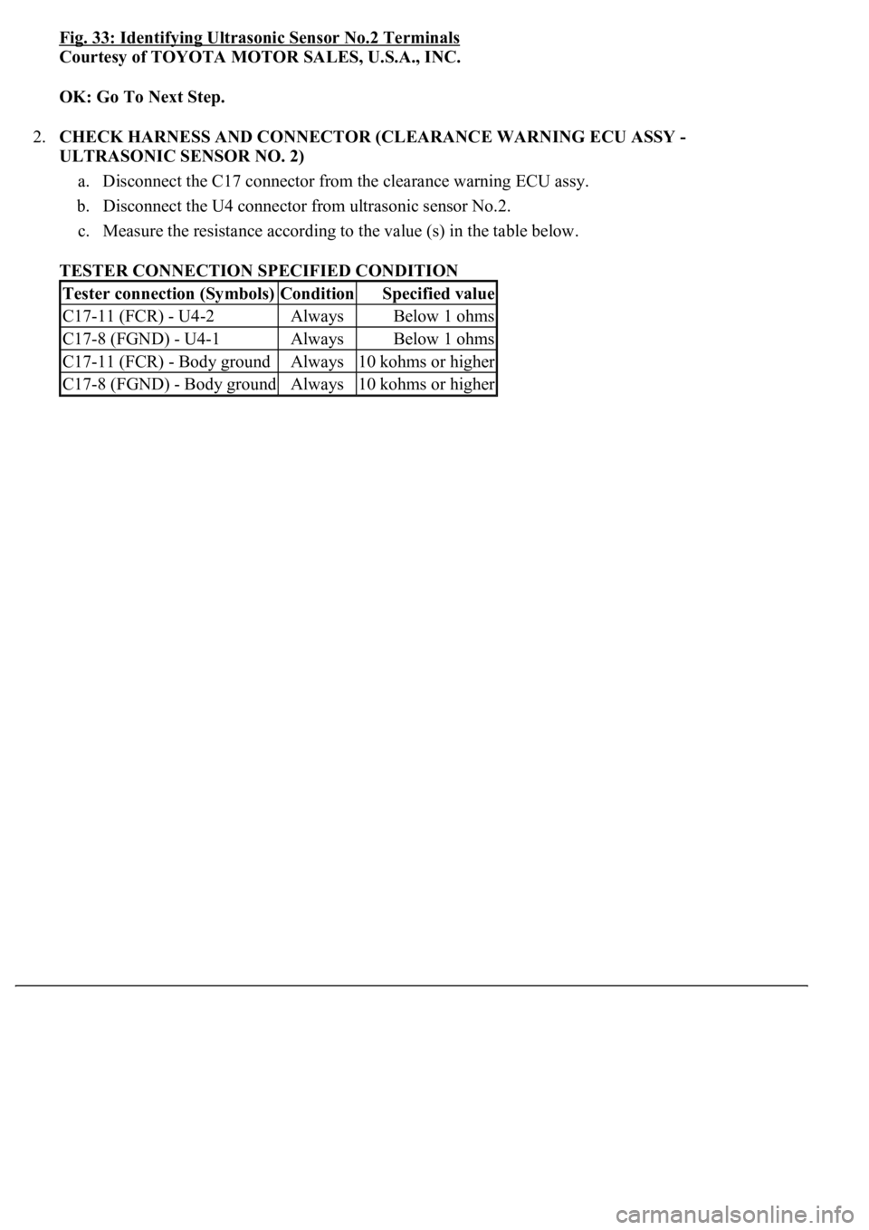 LEXUS LS430 2003  Factory Repair Manual Fig. 33: Identifying Ultrasonic Sensor No.2 Terminals
Courtesy of TOYOTA MOTOR SALES, U.S.A., INC. 
OK: Go To Next Step.  
2.CHECK HARNESS AND CONNECTOR (CLEARANCE WARNING ECU ASSY - 
ULTRASONIC SENSO