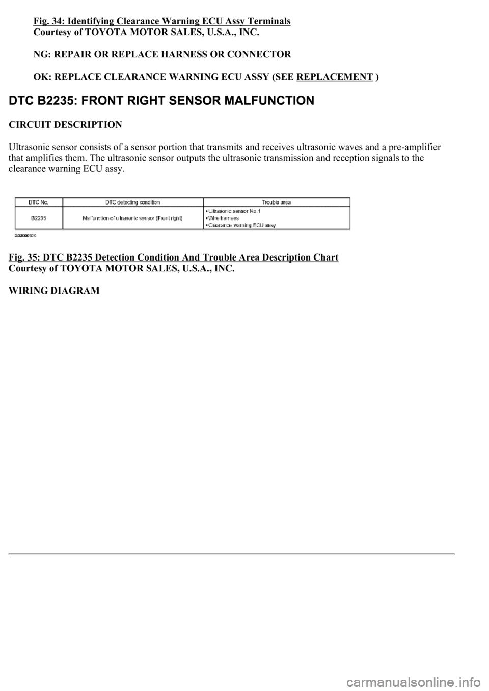 LEXUS LS430 2003  Factory Repair Manual Fig. 34: Identifying Clearance Warning ECU Assy Terminals
Courtesy of TOYOTA MOTOR SALES, U.S.A., INC. 
NG: REPAIR OR REPLACE HARNESS OR CONNECTOR  
OK: REPLACE CLEARANCE WARNING ECU ASSY (SEE REPLACE