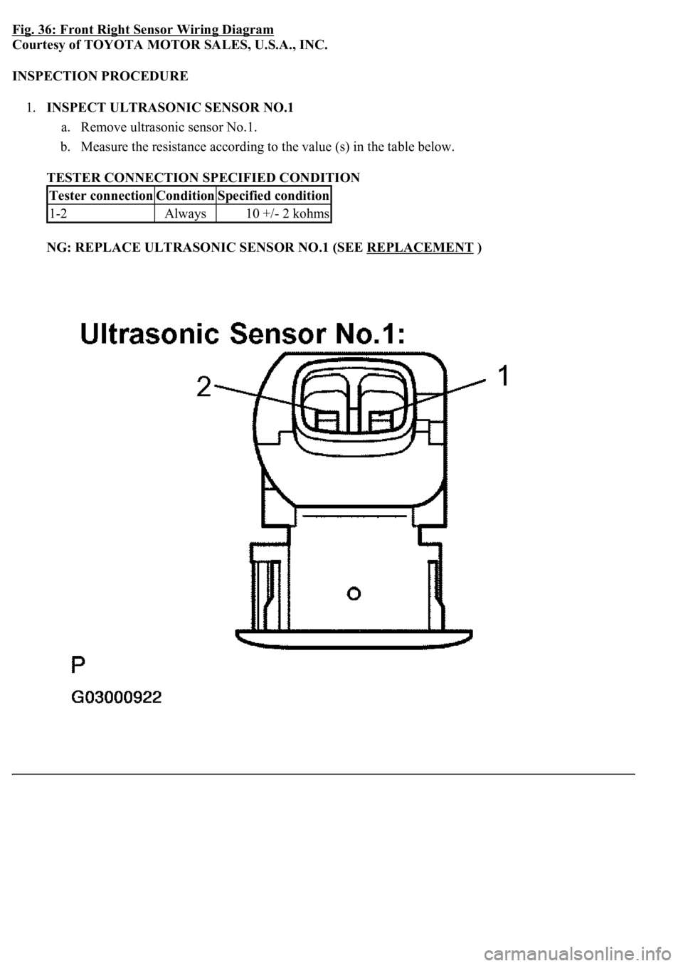 LEXUS LS430 2003  Factory Repair Manual Fig. 36: Front Right Sensor Wiring Diagram
Courtesy of TOYOTA MOTOR SALES, U.S.A., INC. 
INSPECTION PROCEDURE 
1.INSPECT ULTRASONIC SENSOR NO.1 
a. Remove ultrasonic sensor No.1.  
b. Measure the resi