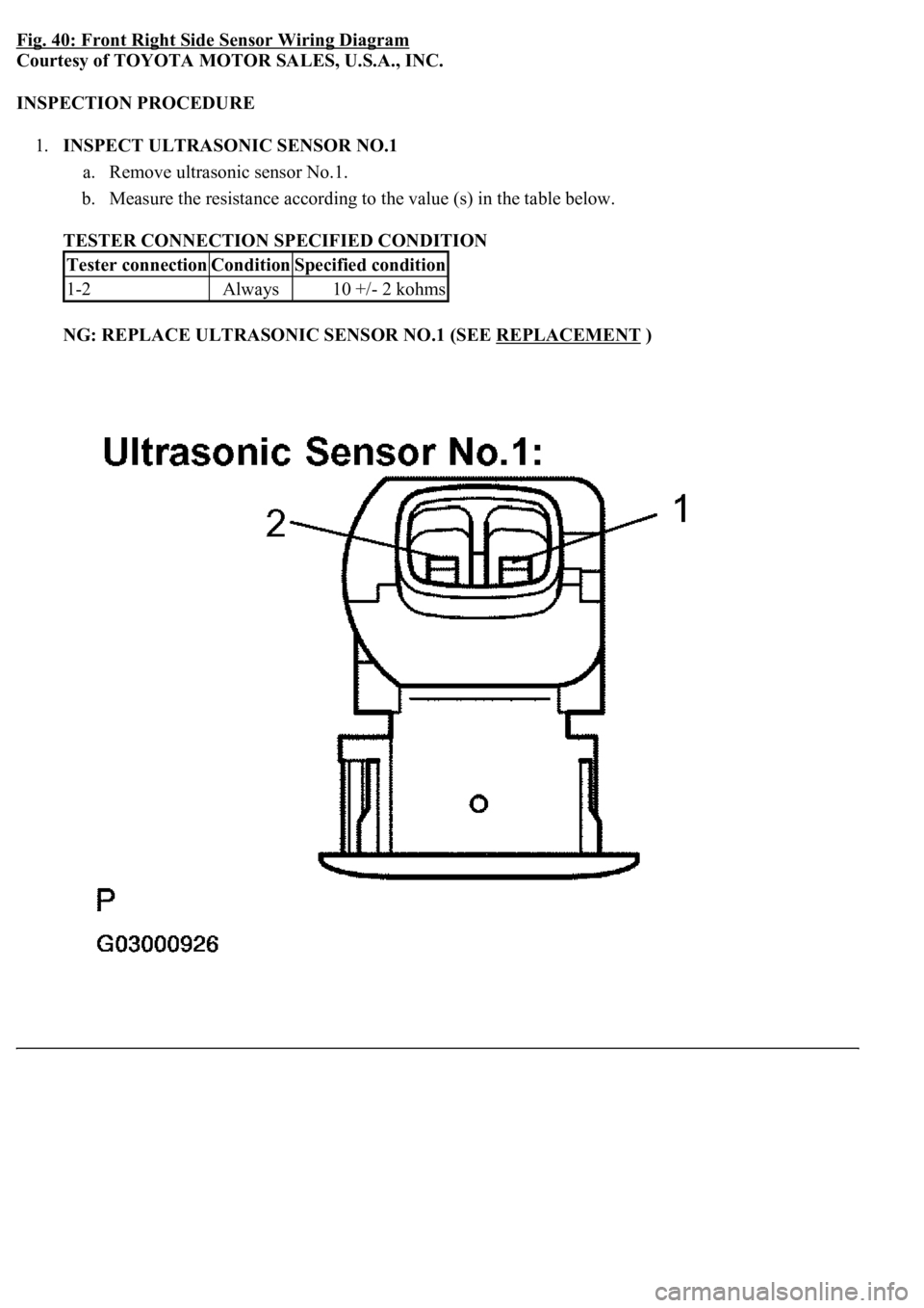 LEXUS LS430 2003  Factory Repair Manual Fig. 40: Front Right Side Sensor Wiring Diagram
Courtesy of TOYOTA MOTOR SALES, U.S.A., INC. 
INSPECTION PROCEDURE 
1.INSPECT ULTRASONIC SENSOR NO.1 
a. Remove ultrasonic sensor No.1.  
b. Measure the