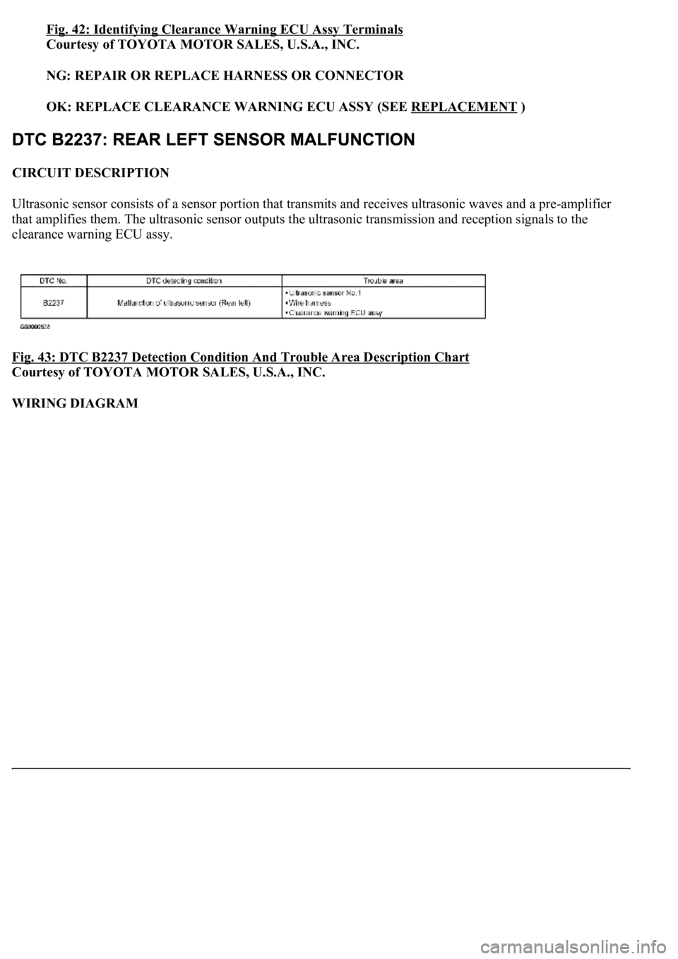 LEXUS LS430 2003  Factory Repair Manual Fig. 42: Identifying Clearance Warning ECU Assy Terminals
Courtesy of TOYOTA MOTOR SALES, U.S.A., INC. 
NG: REPAIR OR REPLACE HARNESS OR CONNECTOR  
OK: REPLACE CLEARANCE WARNING ECU ASSY (SEE REPLACE