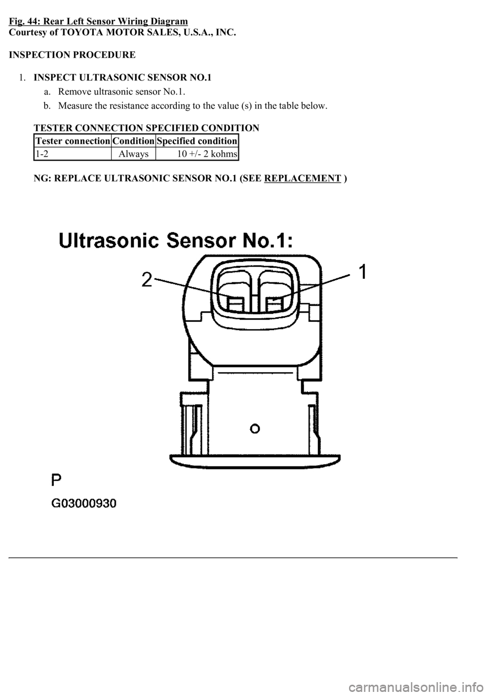 LEXUS LS430 2003  Factory Repair Manual Fig. 44: Rear Left Sensor Wiring Diagram
Courtesy of TOYOTA MOTOR SALES, U.S.A., INC. 
INSPECTION PROCEDURE 
1.INSPECT ULTRASONIC SENSOR NO.1 
a. Remove ultrasonic sensor No.1.  
b. Measure the resist