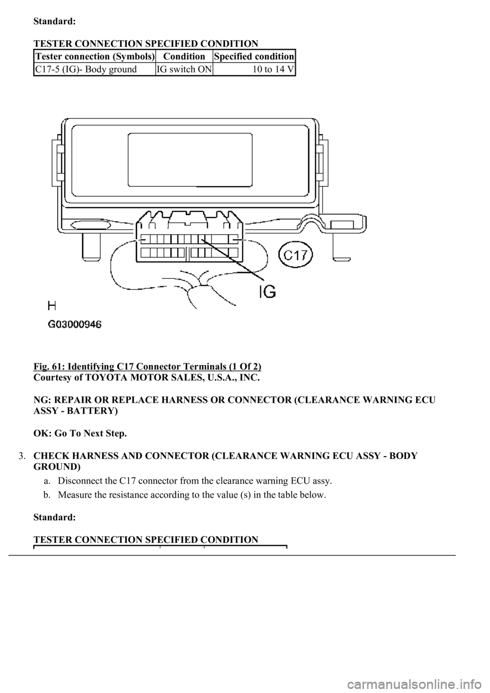 LEXUS LS430 2003  Factory Repair Manual Standard:  
TESTER CONNECTION SPECIFIED CONDITION 
Fig. 61: Identifying C17 Connector Terminals (1 Of 2)
 
Courtesy of TOYOTA MOTOR SALES, U.S.A., INC. 
NG: REPAIR OR REPLACE HARNESS OR CONNECTOR (CLE