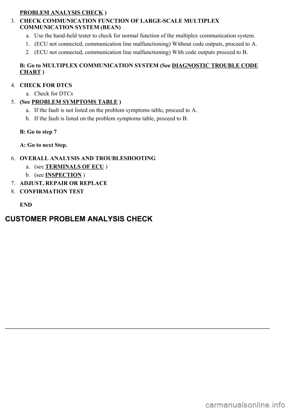 LEXUS LS430 2003 Factory Repair Manual PROBLEM ANALYSIS CHECK )
3.CHECK COMMUNICATION FUNCTION OF LARGE-SCALE MULTIPLEX
COMMUNICATION SYSTEM (BEAN)
a. Use the hand-held tester to check for normal function of the multiplex communication LEXUS LS430 2003 Factory Repair Manual PROBLEM ANALYSIS CHECK )
3.CHECK COMMUNICATION FUNCTION OF LARGE-SCALE MULTIPLEX
COMMUNICATION SYSTEM (BEAN)
a. Use the hand-held tester to check for normal function of the multiplex communication