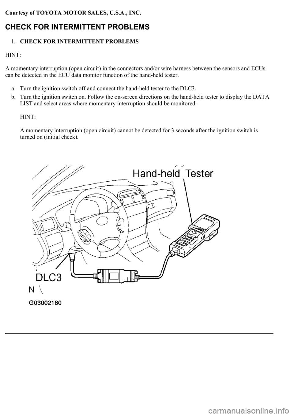 LEXUS LS430 2003 Factory Repair Manual Courtesy of TOYOTA MOTOR SALES, U.S.A., INC.
1.CHECK FOR INTERMITTENT PROBLEMS
HINT:
A momentary interruption (open circuit) in the connectors and/or wire harness between the sensors and ECUs
can LEXUS LS430 2003 Factory Repair Manual Courtesy of TOYOTA MOTOR SALES, U.S.A., INC.
1.CHECK FOR INTERMITTENT PROBLEMS
HINT:
A momentary interruption (open circuit) in the connectors and/or wire harness between the sensors and ECUs
can