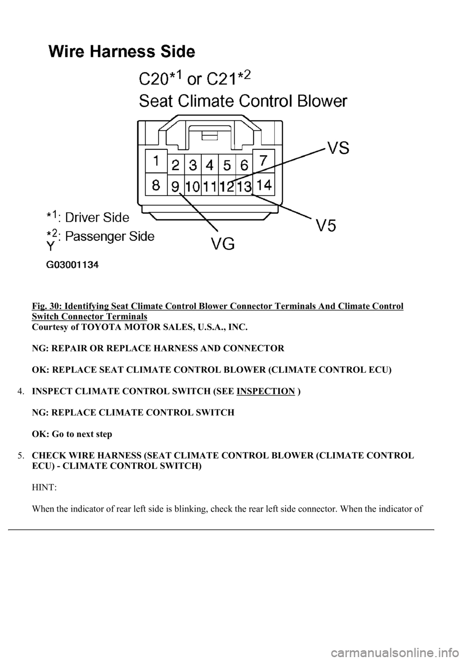 LEXUS LS430 2003  Factory Repair Manual Fig. 30: Identifying Seat Climate Control Blower Connector Terminals And Climate Control 
Switch Connector Terminals 
Courtesy of TOYOTA MOTOR SALES, U.S.A., INC. 
NG: REPAIR OR REPLACE HARNESS AND CO