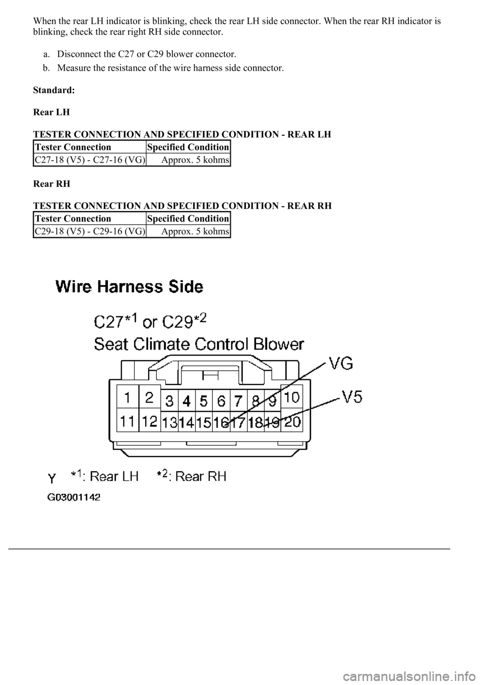 LEXUS LS430 2003  Factory Repair Manual When the rear LH indicator is blinking, check the rear LH side connector. When the rear RH indicator is 
blinking, check the rear right RH side connector. 
a. Disconnect the C27 or C29 blower connecto