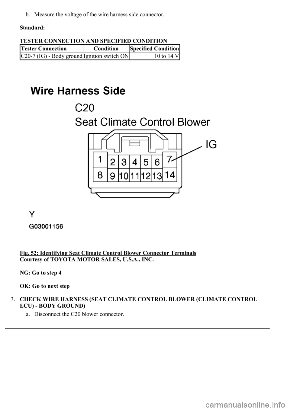 LEXUS LS430 2003  Factory Repair Manual b. Measure the voltage of the wire harness side connector.  
Standard:  
TESTER CONNECTION AND SPECIFIED CONDITION 
Fig. 52: Identifying Seat Climate Control Blower Connector Terminals
 
Courtesy of T