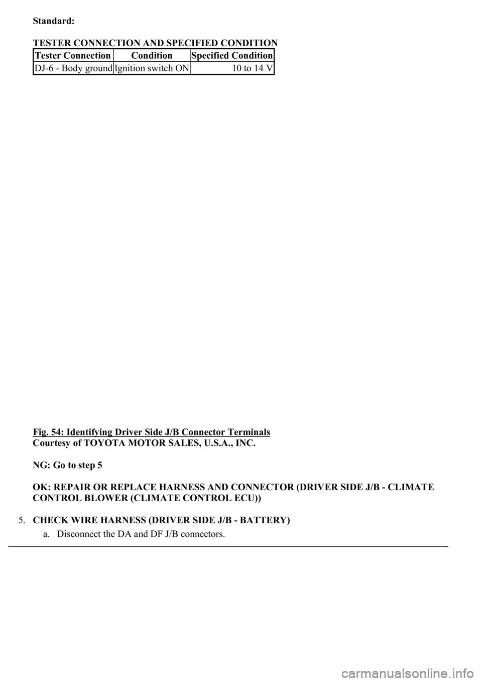 LEXUS LS430 2003  Factory Repair Manual Standard:  
TESTER CONNECTION AND SPECIFIED CONDITION 
Fig. 54: Identifying Driver Side J/B Connector Terminals
 
Courtesy of TOYOTA MOTOR SALES, U.S.A., INC. 
NG: Go to step 5  
OK: REPAIR OR REPLACE