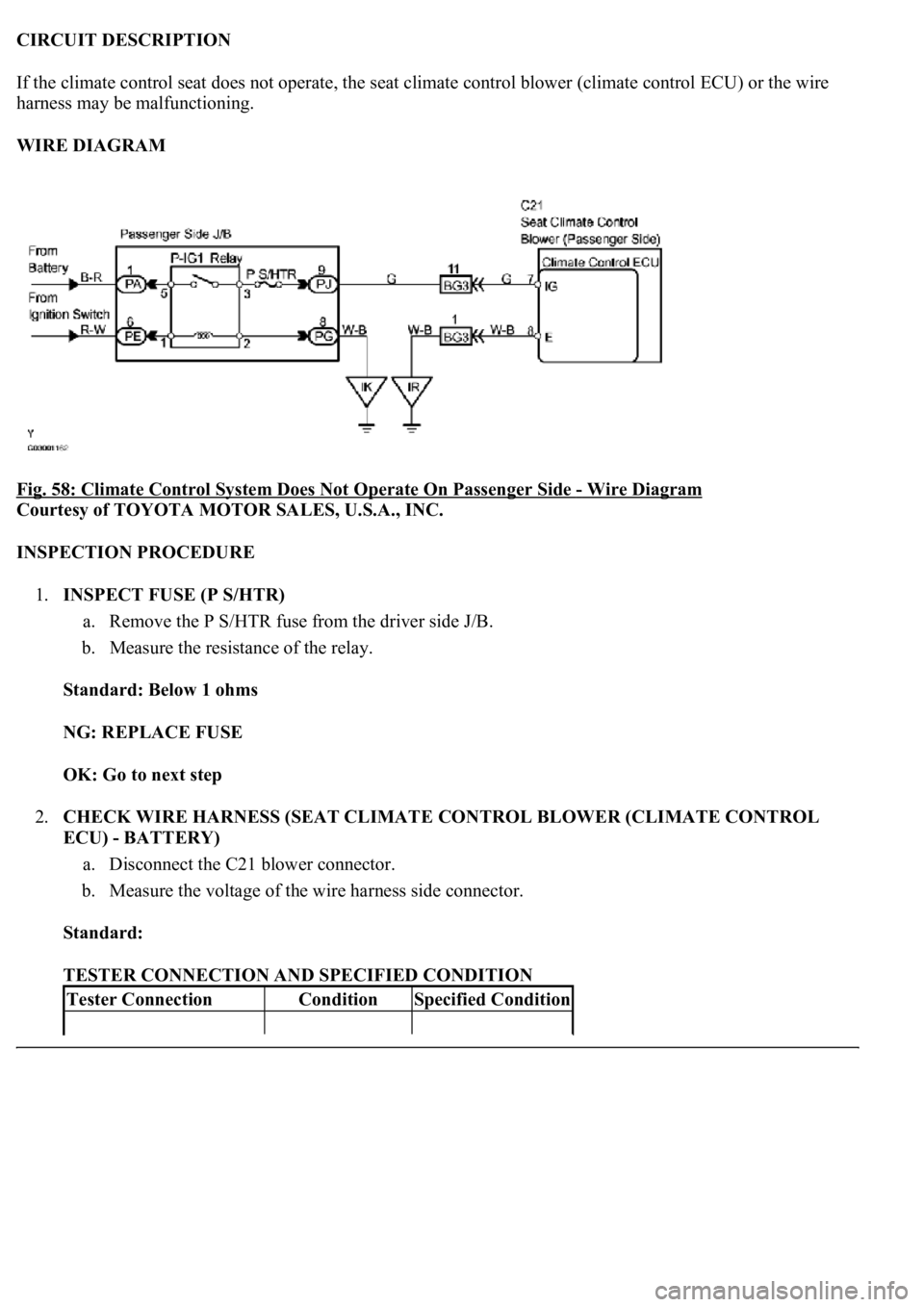 LEXUS LS430 2003 Factory Service Manual CIRCUIT DESCRIPTION
If the climate control seat does not operate, the seat climate control blower (climate control ECU) or the wire
harness may be malfunctioning.
WIRE DIAGRAM
Fig. 58: Climate Con LEXUS LS430 2003 Factory Service Manual CIRCUIT DESCRIPTION
If the climate control seat does not operate, the seat climate control blower (climate control ECU) or the wire
harness may be malfunctioning.
WIRE DIAGRAM
Fig. 58: Climate Con