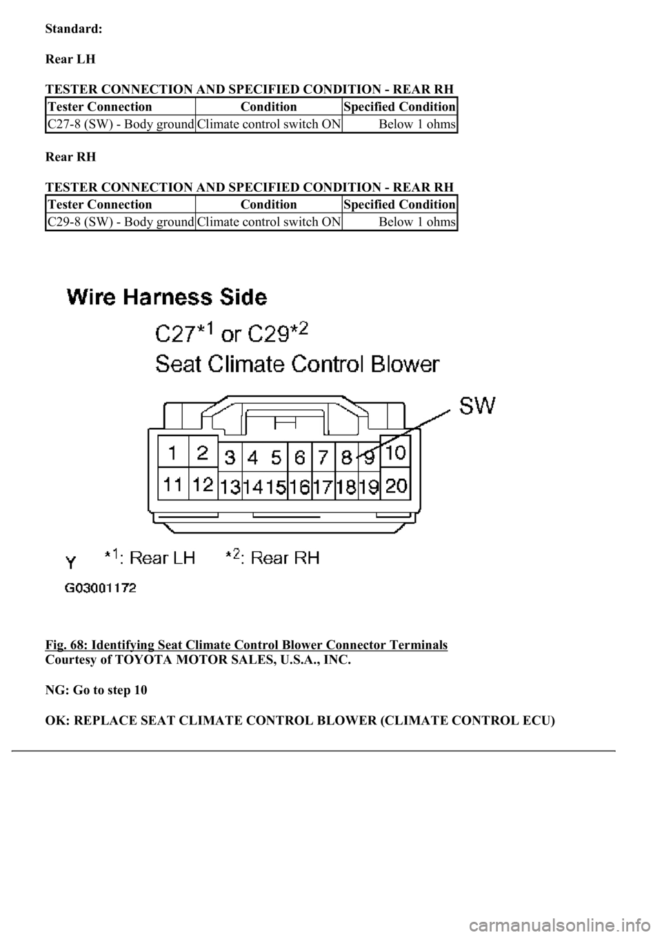 LEXUS LS430 2003  Factory Repair Manual Standard:  
Rear LH  
TESTER CONNECTION AND SPECIFIED CONDITION - REAR RH 
Rear RH  
TESTER CONNECTION AND SPECIFIED CONDITION - REAR RH 
Fig. 68: Identifying Seat Climate Control Blower Connector Ter