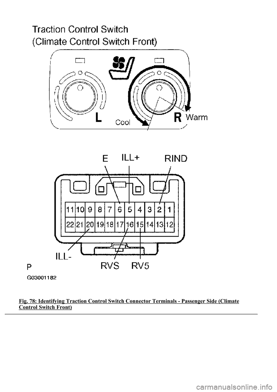 LEXUS LS430 2003  Factory Repair Manual Fig. 78: Identifying Traction Control Switch Connector Terminals - Passenger Side (Climate 
Control Switch Front)  