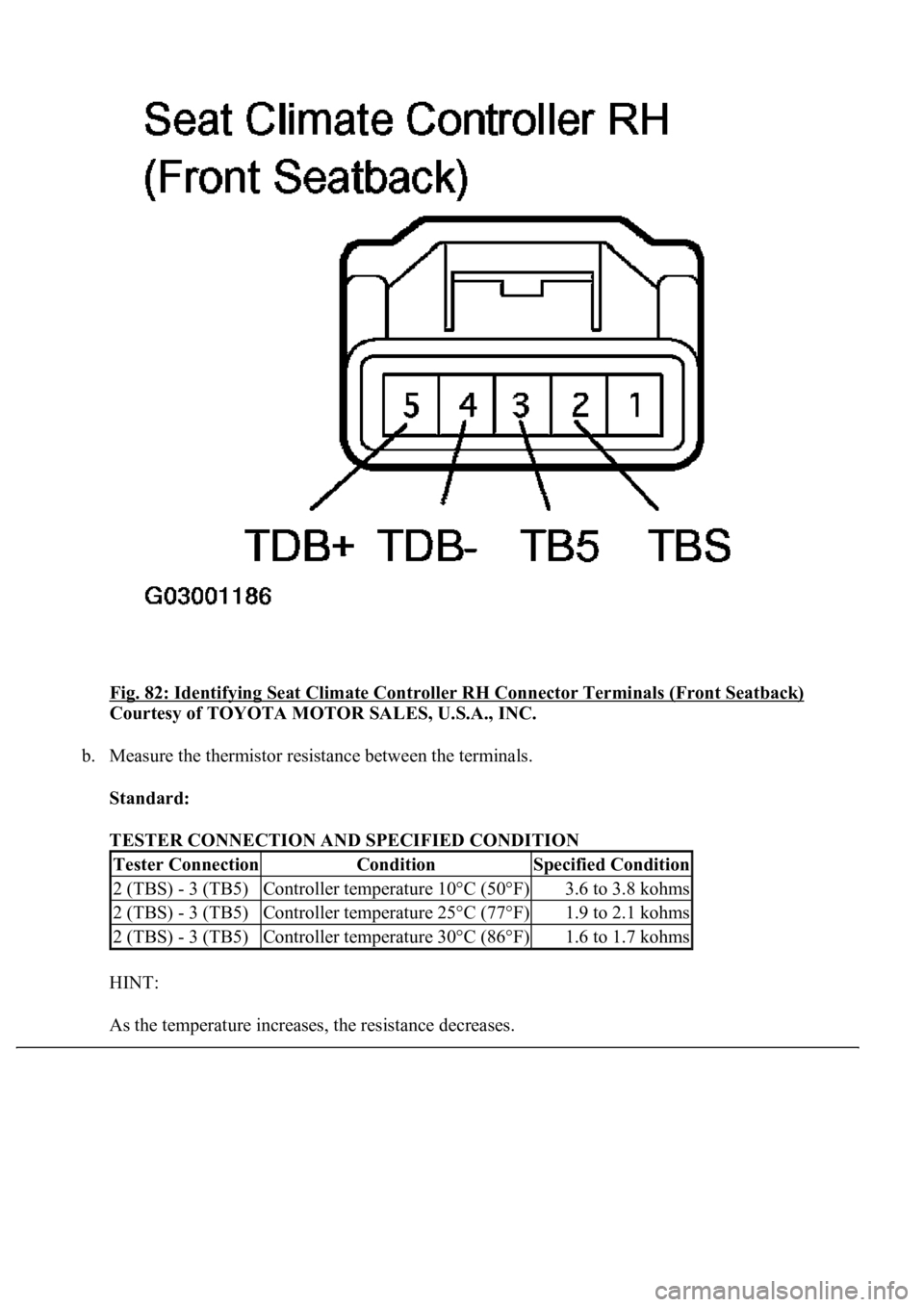 LEXUS LS430 2003  Factory Repair Manual Fig. 82: Identifying Seat Climate Controller RH Connector Terminals (Front Seatback) 
Courtesy of TOYOTA MOTOR SALES, U.S.A., INC. 
b. Measure the thermistor resistance between the terminals. 
Standar