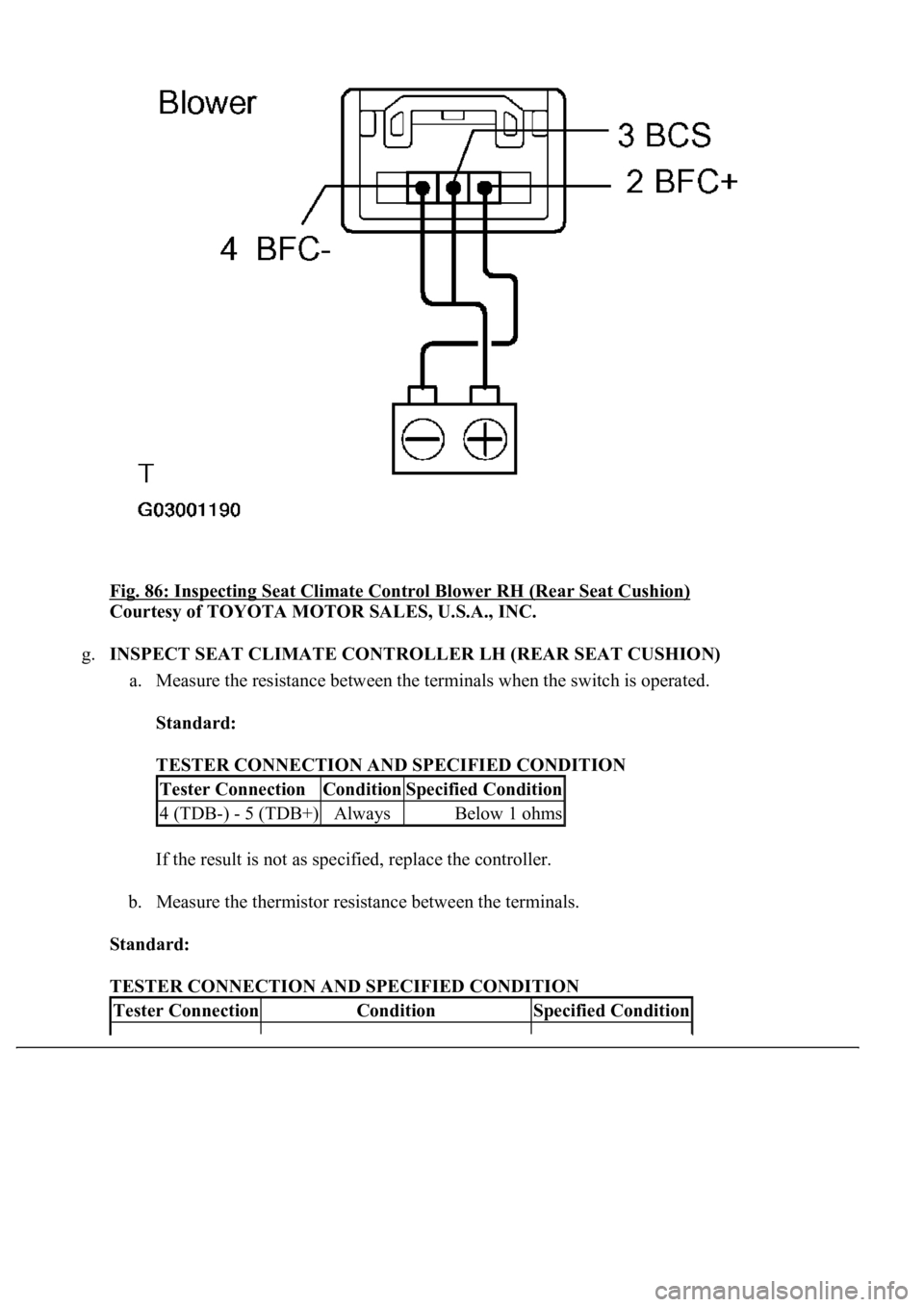 LEXUS LS430 2003  Factory Repair Manual Fig. 86: Inspecting Seat Climate Control Blower RH (Rear Seat Cushion) 
Courtesy of TOYOTA MOTOR SALES, U.S.A., INC. 
g.INSPECT SEAT CLIMATE CONTROLLER LH (REAR SEAT CUSHION) 
a. Measure the resistanc