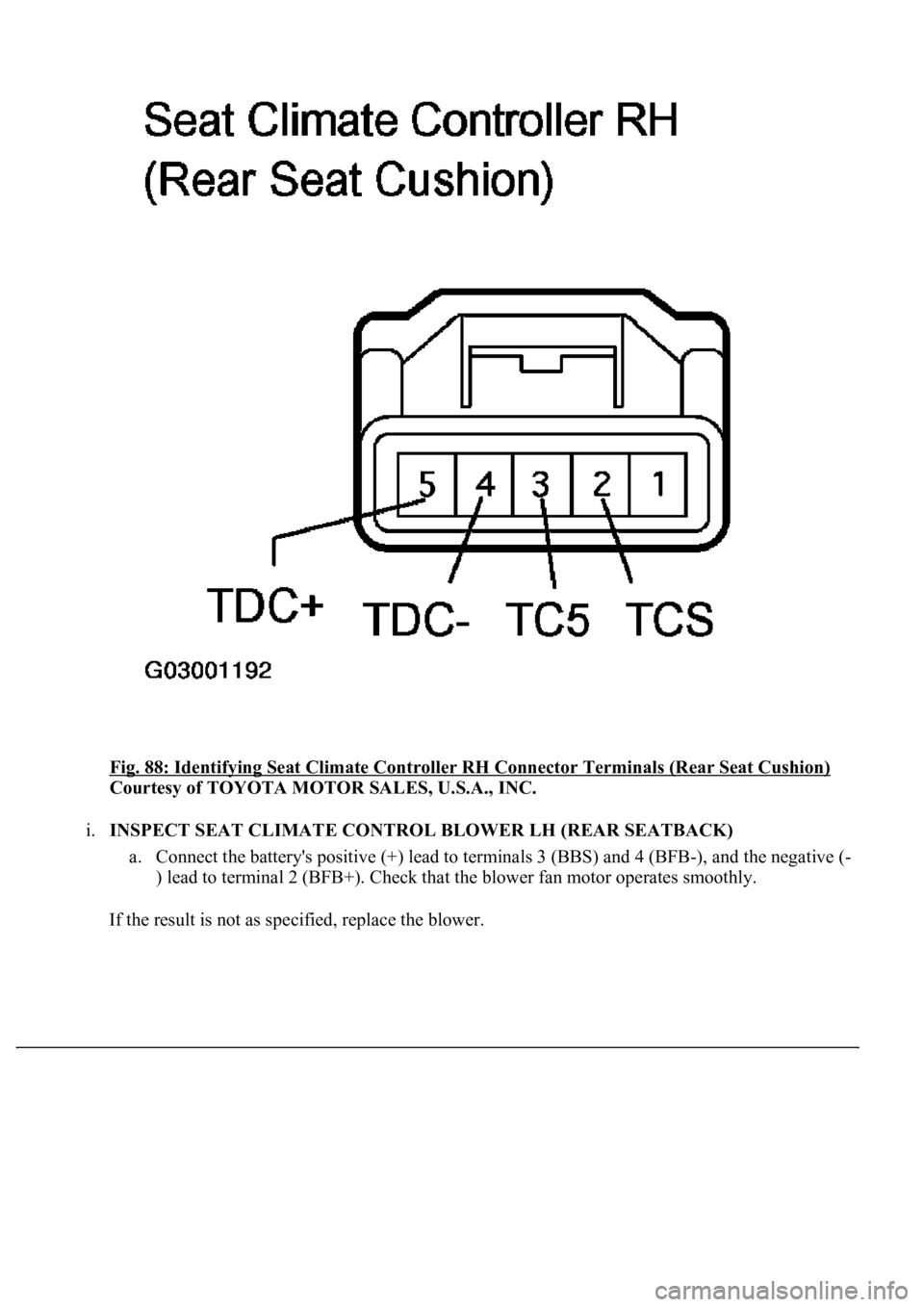 LEXUS LS430 2003  Factory Repair Manual Fig. 88: Identifying Seat Climate Controller RH Connector Terminals (Rear Seat Cushion) 
Courtesy of TOYOTA MOTOR SALES, U.S.A., INC. 
i.INSPECT SEAT CLIMATE CONTROL BLOWER LH (REAR SEATBACK) 
a. Conn