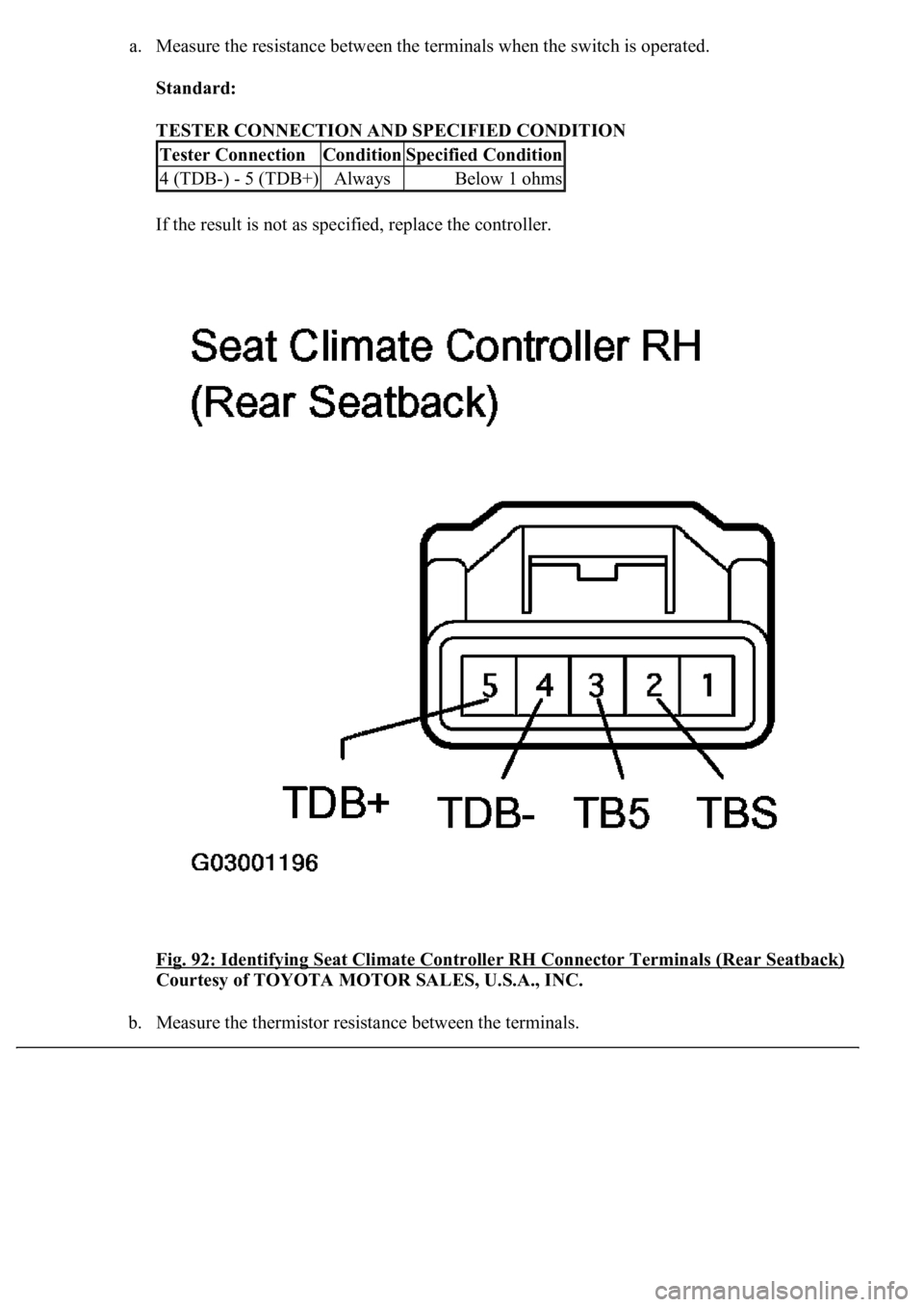 LEXUS LS430 2003  Factory Repair Manual a. Measure the resistance between the terminals when the switch is operated. 
Standard:  
TESTER CONNECTION AND SPECIFIED CONDITION 
If the result is not as specified, replace the controller. 
<002900