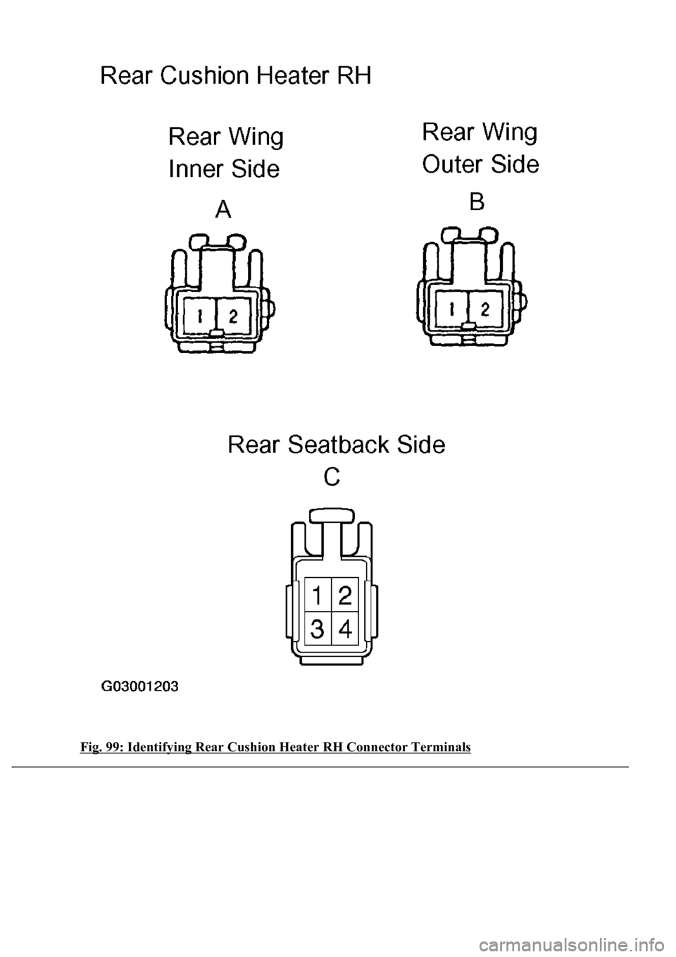 LEXUS LS430 2003  Factory Repair Manual Fig. 99: Identifying Rear Cushion Heater RH Connector Terminals  