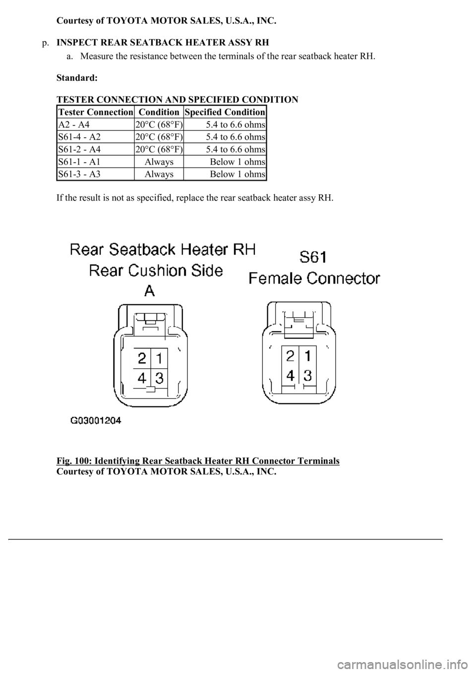 LEXUS LS430 2003  Factory Repair Manual Courtesy of TOYOTA MOTOR SALES, U.S.A., INC.
p.INSPECT REAR SEATBACK HEATER ASSY RH 
a. Measure the resistance between the terminals of the rear seatback heater RH.  
Standard:  
TESTER CONNECTION AND
