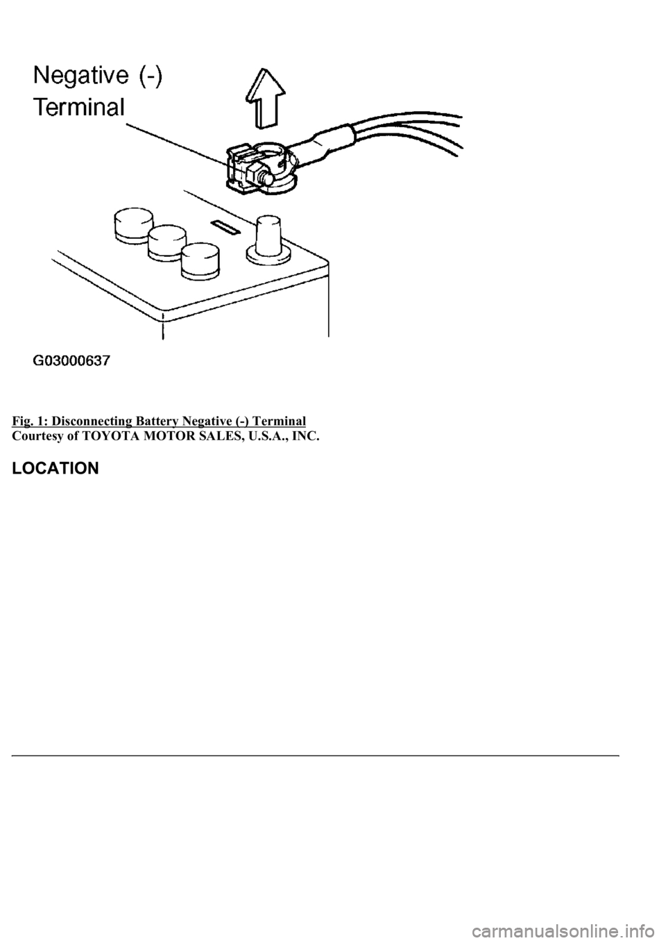 LEXUS LS430 2003  Factory Repair Manual Fig. 1: Disconnecting Battery Negative (-) Terminal 
Courtesy of TOYOTA MOTOR SALES, U.S.A., INC.  