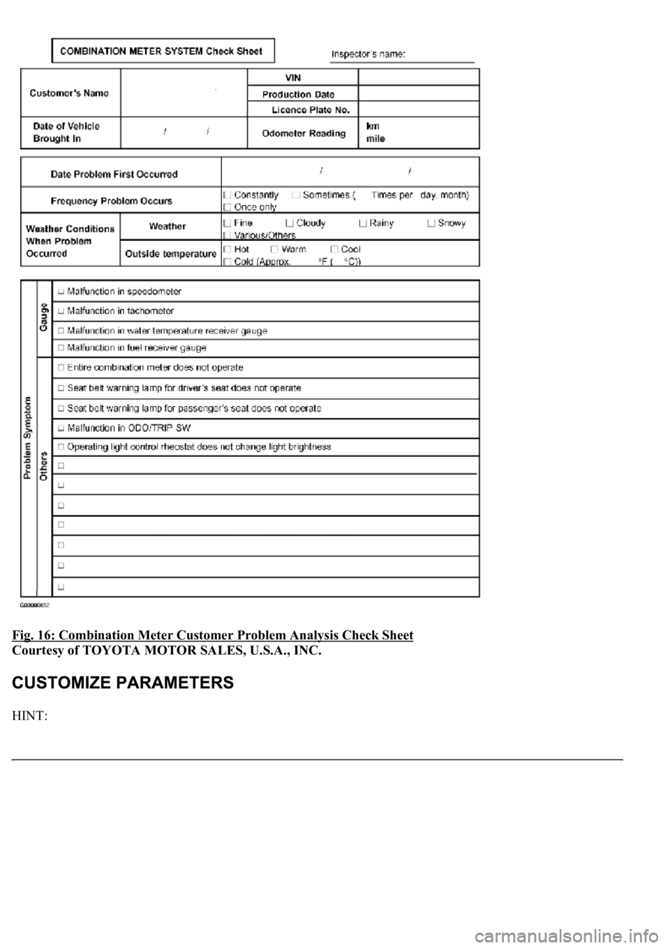 LEXUS LS430 2003  Factory Repair Manual Fig. 16: Combination Meter Customer Problem Analysis Check Sheet 
Courtesy of TOYOTA MOTOR SALES, U.S.A., INC. 
HINT:  