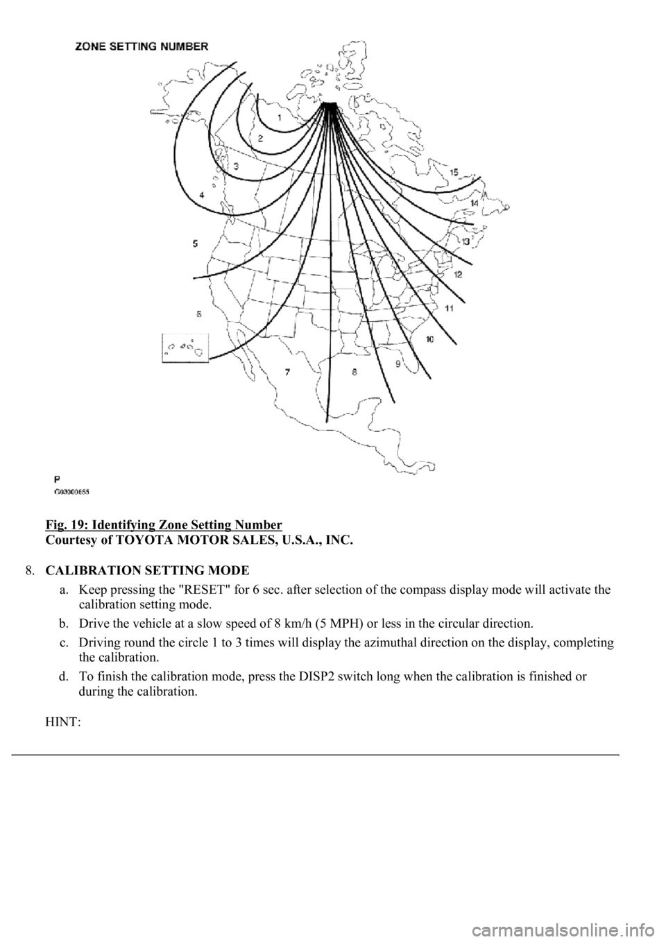 LEXUS LS430 2003  Factory Repair Manual Fig. 19: Identifying Zone Setting Number 
Courtesy of TOYOTA MOTOR SALES, U.S.A., INC. 
8.CALIBRATION SETTING MODE 
a. Keep pressing the "RESET" for 6 sec. after selection of the compass displ