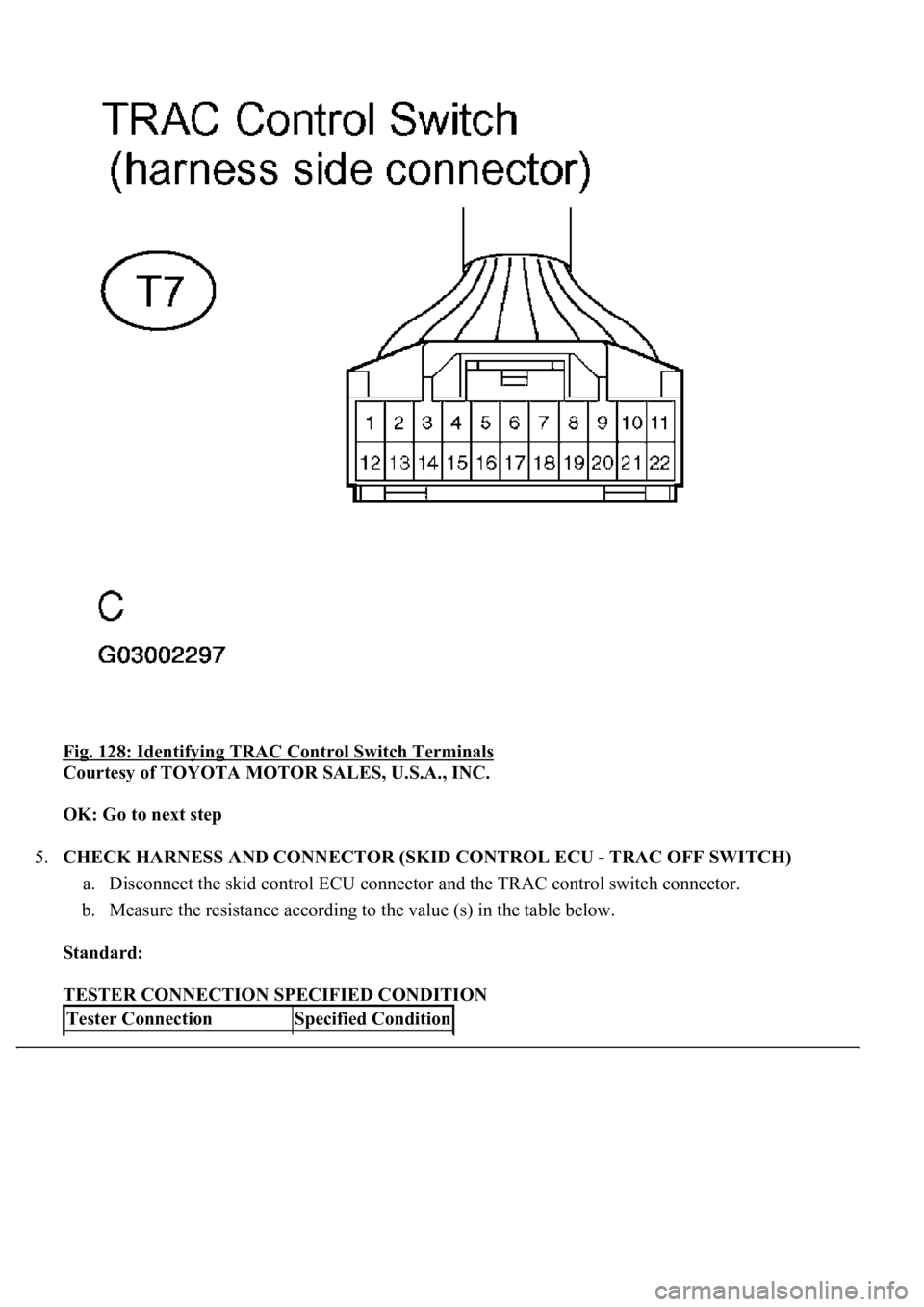 LEXUS LS430 2003 Factory Repair Manual Fig. 128: Identifying TRAC Control Switch Terminals
Courtesy of TOYOTA MOTOR SALES, U.S.A., INC.
OK: Go to next step
5.CHECK HARNESS AND CONNECTOR (SKID CONTROL ECU - TRAC OFF SWITCH)
a. Disconne LEXUS LS430 2003 Factory Repair Manual Fig. 128: Identifying TRAC Control Switch Terminals
Courtesy of TOYOTA MOTOR SALES, U.S.A., INC.
OK: Go to next step
5.CHECK HARNESS AND CONNECTOR (SKID CONTROL ECU - TRAC OFF SWITCH)
a. Disconne