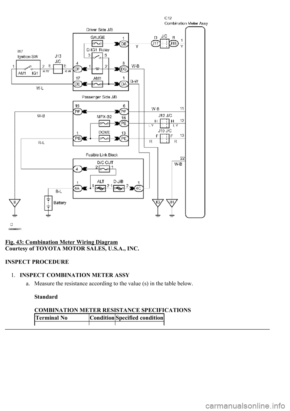 LEXUS LS430 2003  Factory Repair Manual Fig. 43: Combination Meter Wiring Diagram 
Courtesy of TOYOTA MOTOR SALES, U.S.A., INC. 
INSPECT PROCEDURE 
1.INSPECT COMBINATION METER ASSY 
a. Measure the resistance according to the value (s) in th