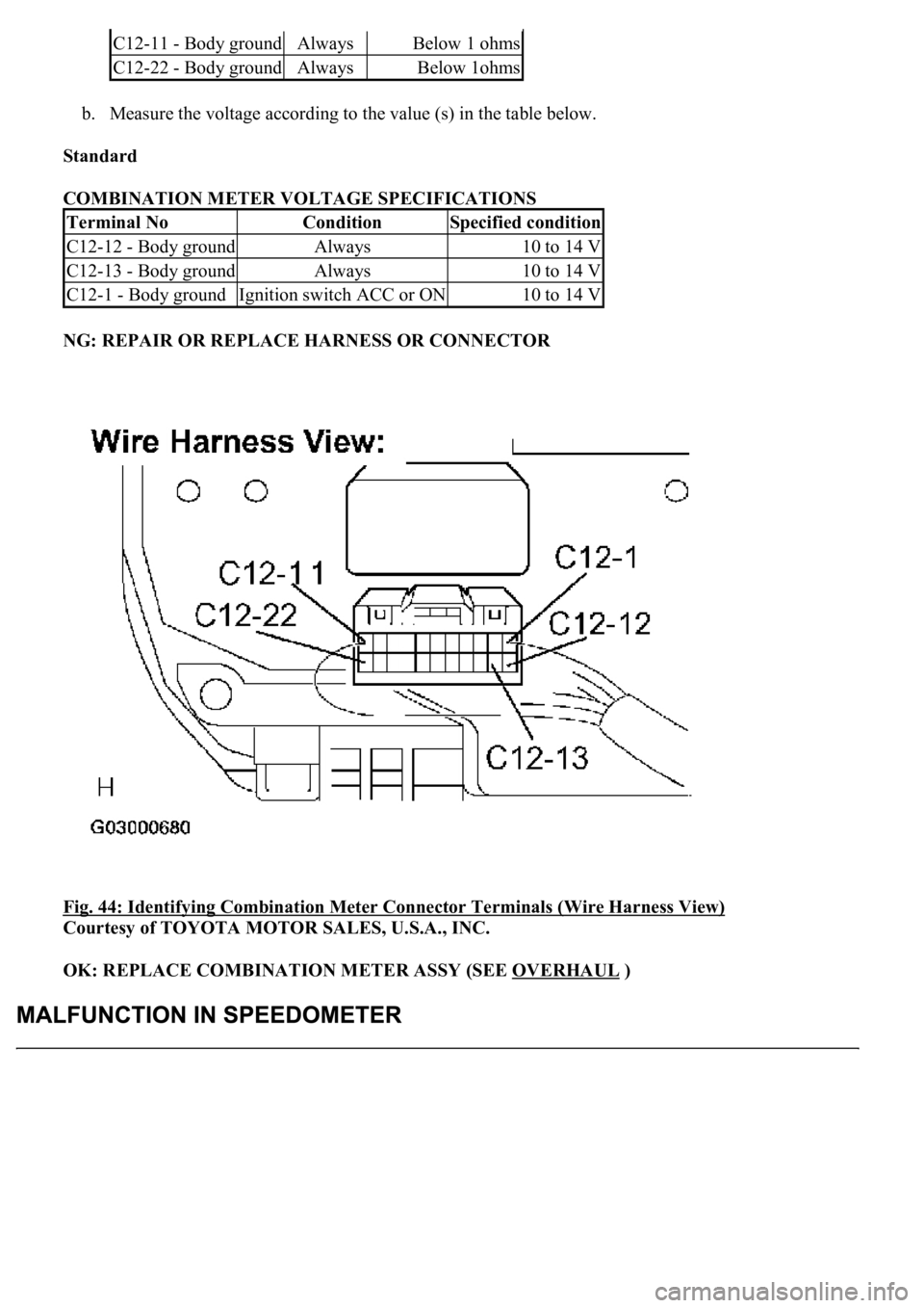 LEXUS LS430 2003  Factory Repair Manual b. Measure the voltage according to the value (s) in the table below.  
Standard  
COMBINATION METER VOLTAGE SPECIFICATIONS 
NG: REPAIR OR REPLACE HARNESS OR CONNECTOR  
Fig. 44: Identifying Combinati