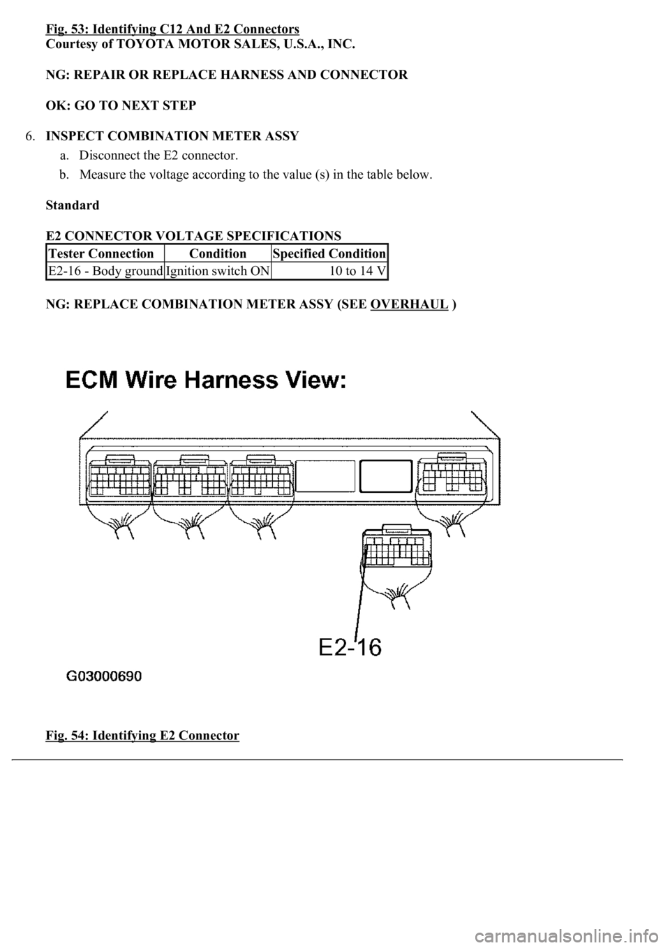 LEXUS LS430 2003  Factory Repair Manual Fig. 53: Identifying C12 And E2 Connectors
Courtesy of TOYOTA MOTOR SALES, U.S.A., INC. 
NG: REPAIR OR REPLACE HARNESS AND CONNECTOR  
OK: GO TO NEXT STEP  
6.INSPECT COMBINATION METER ASSY 
a. Discon