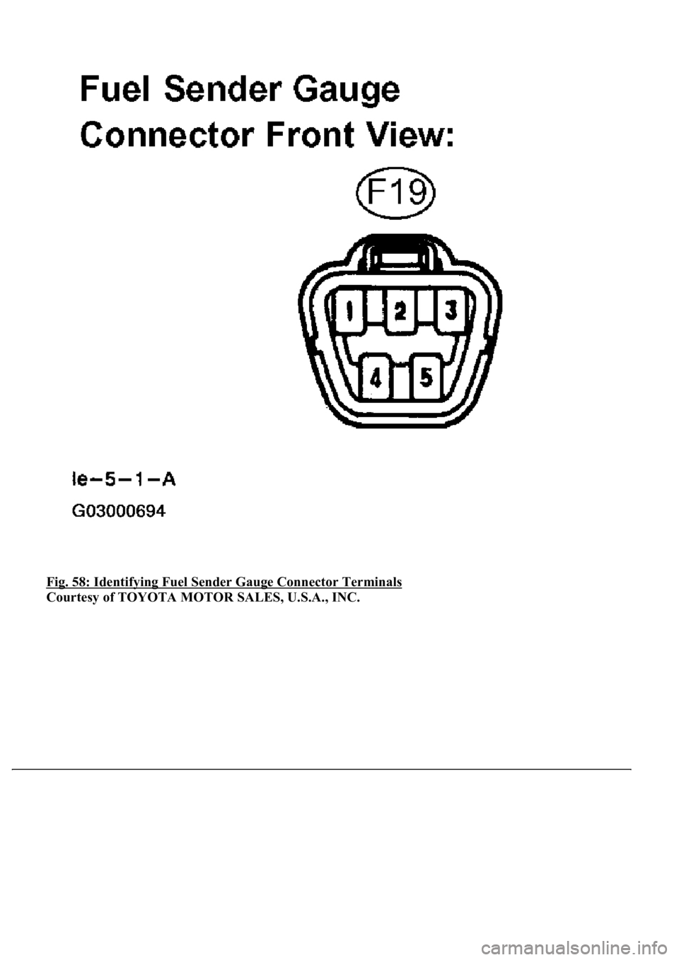 LEXUS LS430 2003  Factory Repair Manual Fig. 58: Identifying Fuel Sender Gauge Connector Terminals 
Courtesy of TOYOTA MOTOR SALES, U.S.A., INC. 