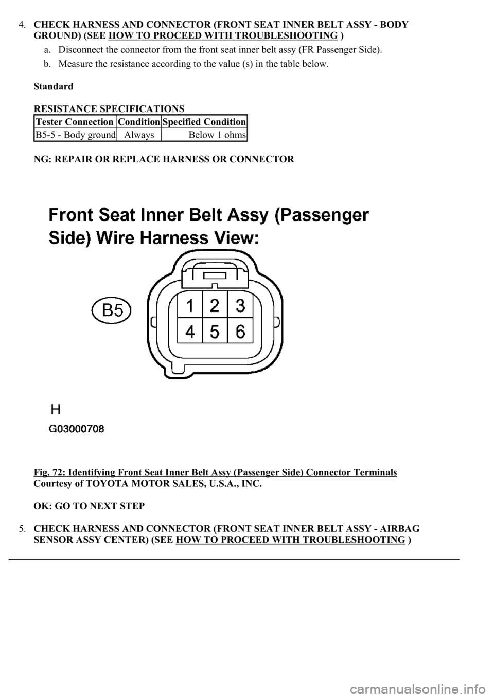LEXUS LS430 2003  Factory Repair Manual 4.CHECK HARNESS AND CONNECTOR (FRONT SEAT INNER BELT ASSY - BODY 
GROUND) (SEE HOW TO PROCEED WITH TROUBLESHOOTING
 ) 
a. Disconnect the connector from the front seat inner belt assy (FR Passenger Sid