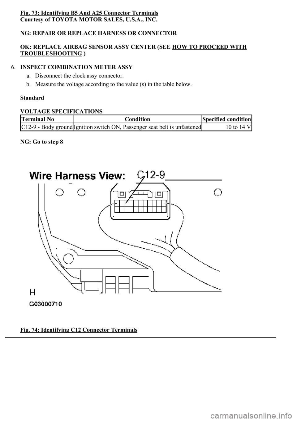 LEXUS LS430 2003  Factory Repair Manual Fig. 73: Identifying B5 And A25 Connector Terminals
Courtesy of TOYOTA MOTOR SALES, U.S.A., INC. 
NG: REPAIR OR REPLACE HARNESS OR CONNECTOR  
OK: REPLACE AIRBAG SENSOR ASSY CENTER (SEE HOW TO PROCEED